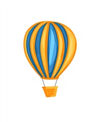 Obraz premium Cartoon hot air balloon with orange and blue stripes. It features a basket at the bottom