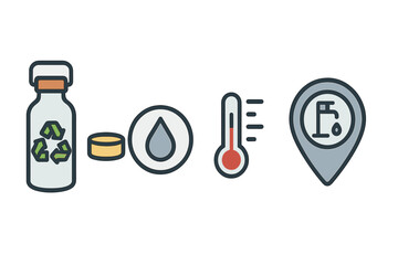 The symbols for eco and hydration awareness depict a flask, cap, ring, gauge, and pin