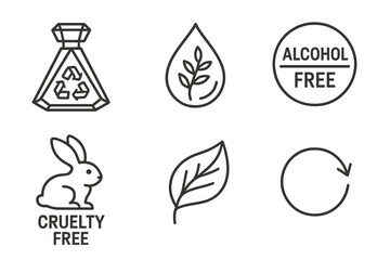 Fragrance‑eco icons linking prism, drop, badge, bunny, leaf, arrow