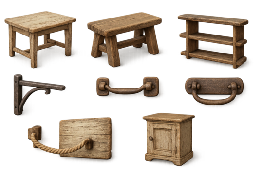 Rustic furniture and decor icons set – 3d, solid, vintage and home symbols