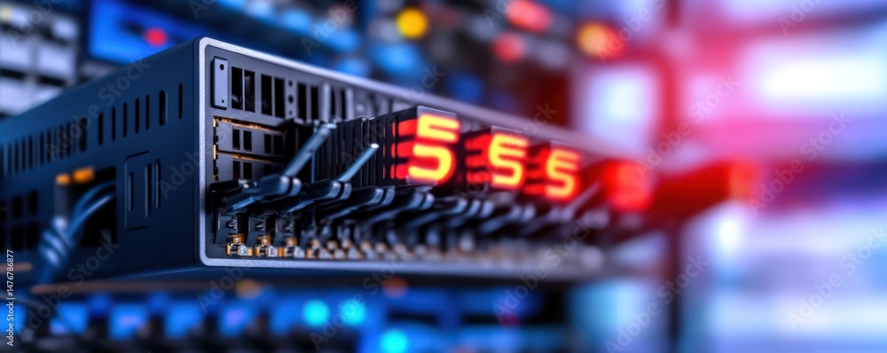 Poster server rack with network indicators