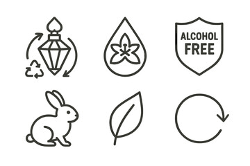 Icons that symbolize fragrance and ecology are combining various symbols including a jewel, a droplet, a crest, a bunny, a leaf, and an arrow