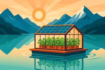 Obraz premium The ag-tech landscape is flat and features PV rafts, coriander beds, and icy peaks