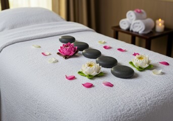 Spa massage table with floral decoration