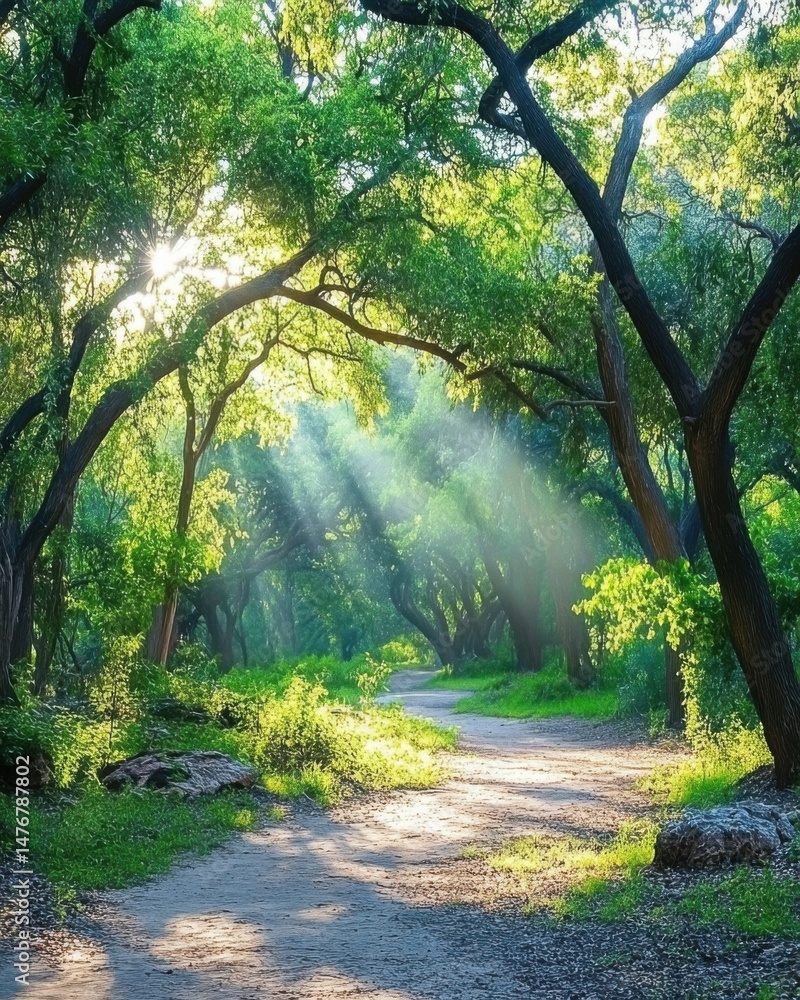 Poster sunbeams filtering through green forest canopy on path at daytime landscape scenery in nature reserv