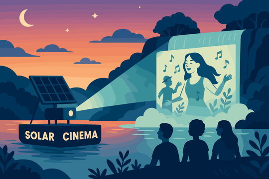 The scene features a flat green culture area with a photovoltaic raft, a waterfall, and boats carrying spectators