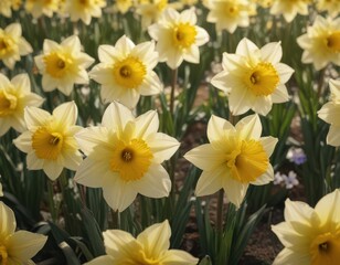 Fototapeta premium Dense cluster of daffodils, sunlight illuminating petals, floral, colorful, yellow