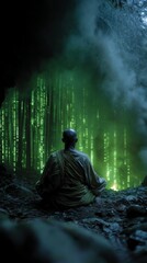 Obraz premium A serene Shaolin monk meditating in a bamboo forest with glowing binary code