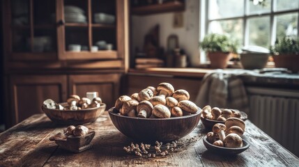 Rustic Still Life of Mushrooms in Wooden Bowls on Wooden Table