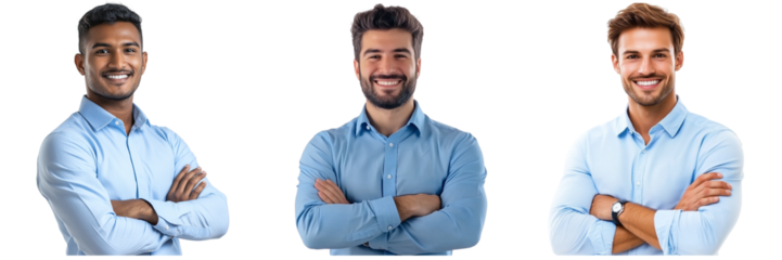 Set of Handsome smiling businessman in blue shirt standing with arms crossed isolated on a transparent background