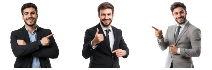 Set of Happy smiling young businessman pointing away isolated on a transparent background