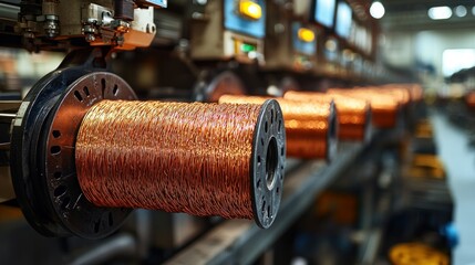 Copper wire wound tightly on spools in the factory