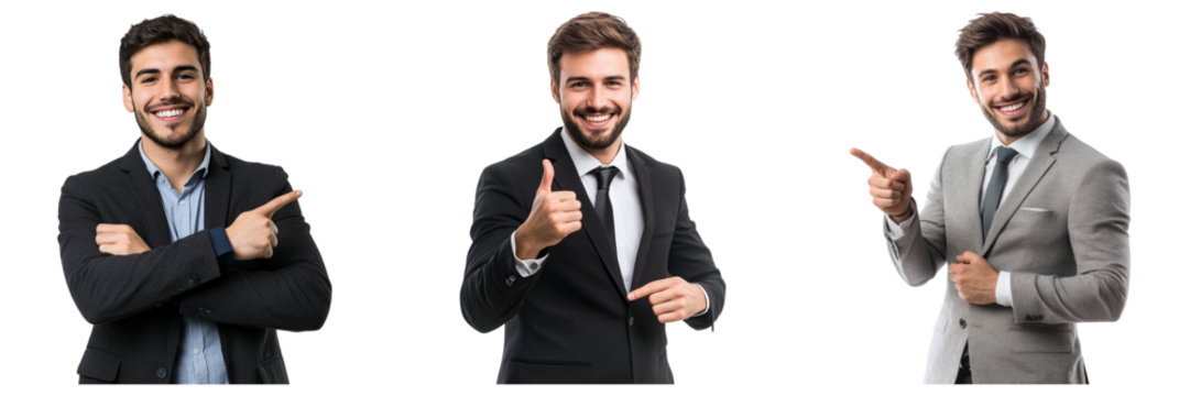Set of Happy smiling young businessman pointing away isolated on a transparent background - Powered by Adobe