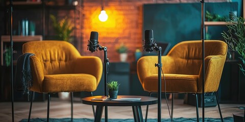 Two chairs and microphones set up in a podcast room for an interview