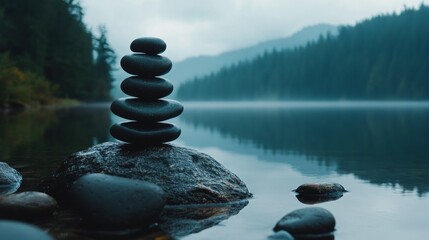 Serene Stacked Stones by a Misty Lake in a Mountain Forest