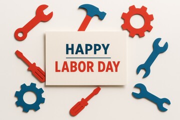 Happy Labor Day greeting card with red and blue tools and gears on light background, top view