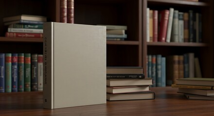 Book Standing on Wooden Table with Bookshelf Background