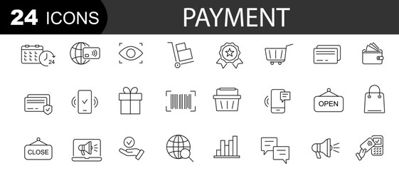 Icons related to payment. Money and finance line icons collection.  Editable stroke. Vector illustration