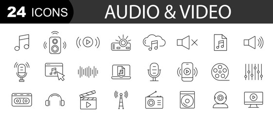 Audio and Video web icons. Cinema, play button, voice, radio, music. Editable stroke. Vector illustration