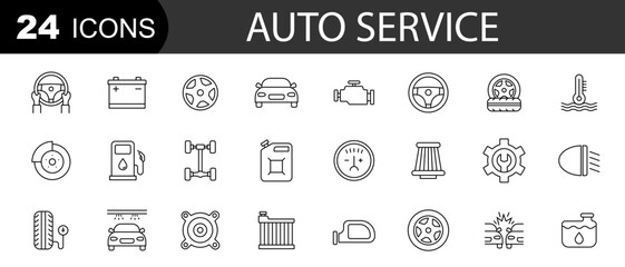 Auto service and garage web icons. Car, automobile, wash, maintenance, engine, diagnostic, rapair, tire. Editable stroke. Vector illustration