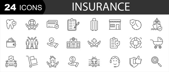 Insurance icons . Medical, life, car, travel, house, money. Editable stroke. Vector illustration