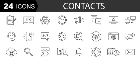 Contact thin line icons set. Contact icon.  Support, message, phone, globe, point, chat, call. Editable stroke. Vector illustration