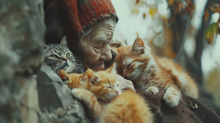 an old woman and many cats, a grandmother and a group of cats