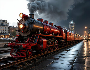 Fototapeta premium Vintage Steam Train at Station with Smoke and Wet Platform