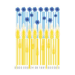 Vector illustration of a barcode designed in the shape of the Ukrainian flag with wheat ears and cornflowers. Symbolic composition representing Ukraine’s national identity.