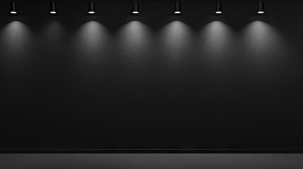 Empty stage illuminated by spotlights on a dark wall.