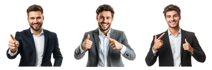 Set of Happy smiling young businessman pointing away isolated on a transparent background