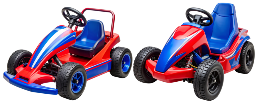 Rusty Blue Steel Oil Drum with Weathered Texture, isolated on transparent background PNG - Colorful Pedal-Powered Kids Go-Kart with Racing Stripes, isolated on transparent background PNG