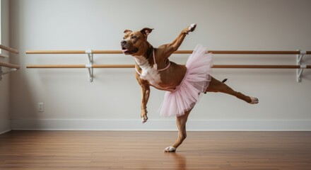 A brown and white pit bull dog gracefully dancing ballet with a tutu in a studio.