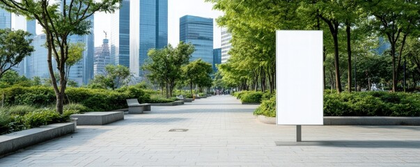 Urban park pathway with blank billboard