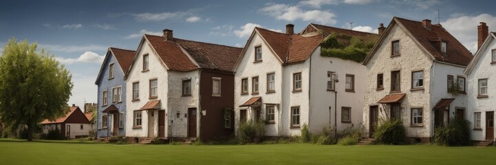 Classic White Townhouse with Green Lawn and Blue Sky