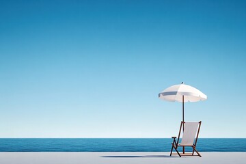 simple white beach umbrella and lounge chair, with a clear blue sky and a calm sea in the background,  tranquility and relaxation during summer vacation, space for text or advertising content, banner