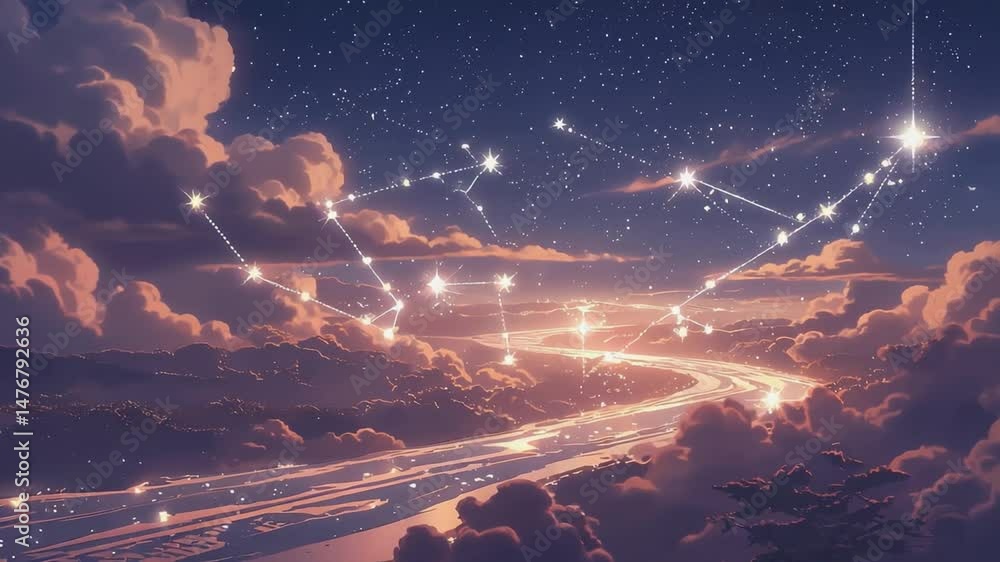 Poster celestial scene with clouds and constellations.