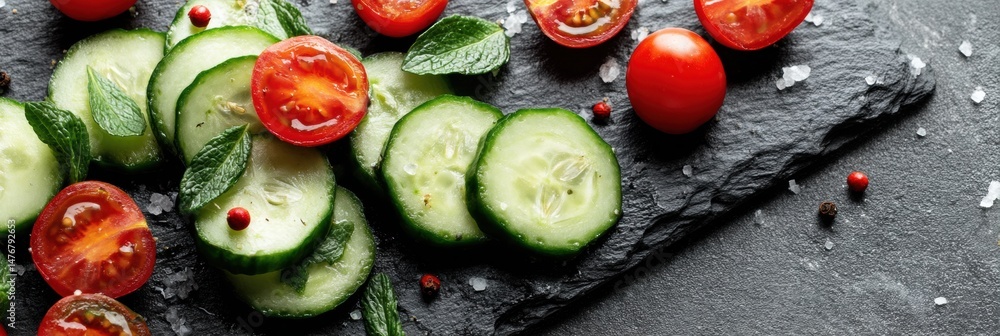 Fototapete freshly sliced cucumbers and cherry tomatoes arranged on a slate board with a hints of seasoning