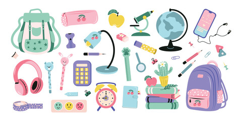 A modern, flat, hand-drawn set of school supplies, books, headphones and a phone on a white background. Vector design.
