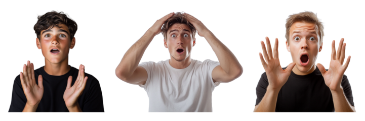Set of young man with round eyes, open mouth, showing astonishment and shock isolated on a transparent background