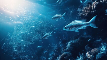 Obraz premium Underwater scene with fish and coral reef.