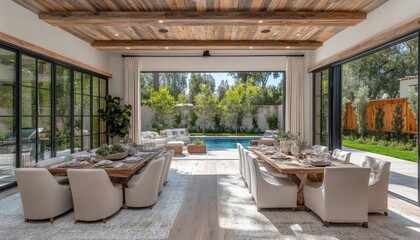 Obraz premium An elegant dining room with pool view and light, open to the outdoors. Perfect to show luxury, real estate, or upscale entertaining themes.