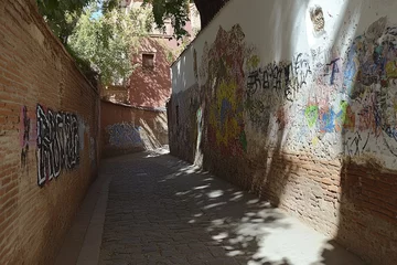 A narrow cobblestone alleyway with graffiti-covered walls and dappled sunlight