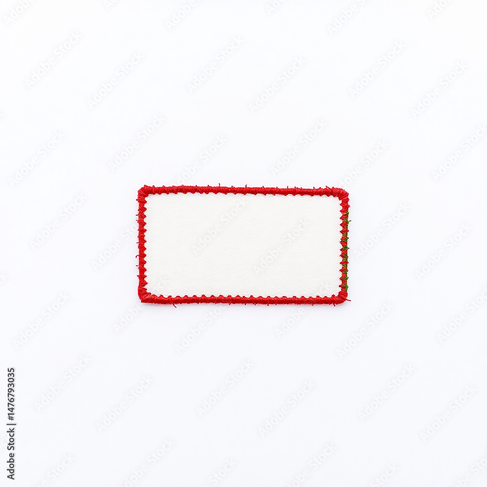 Poster rectangular patch with red embroidered trim on white background. customizable textile badge for clot