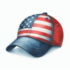 Watercolor illustration of baseball cap with American flag pattern in red, white, and blue isolated on white background