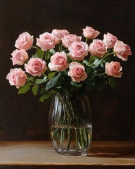 Still life oil painting of pink roses in glass vase on table against dark background in studio lighting
