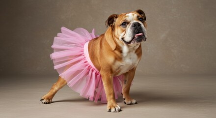 An adorable bulldog is dressed in a pink tutu, looking happy and full of joy with its tongue out.
