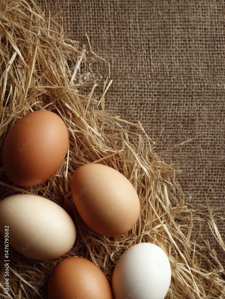 Poster organic eggs resting on a straw mat for natural display in a rustic setting, with clear space on the