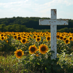 A cross is standing in a field of sunflowers © Winyou