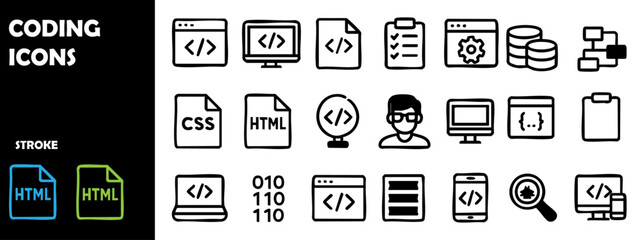 Coding and Programming Icons – Developer Tools and Web Coding Symbols Vector Set